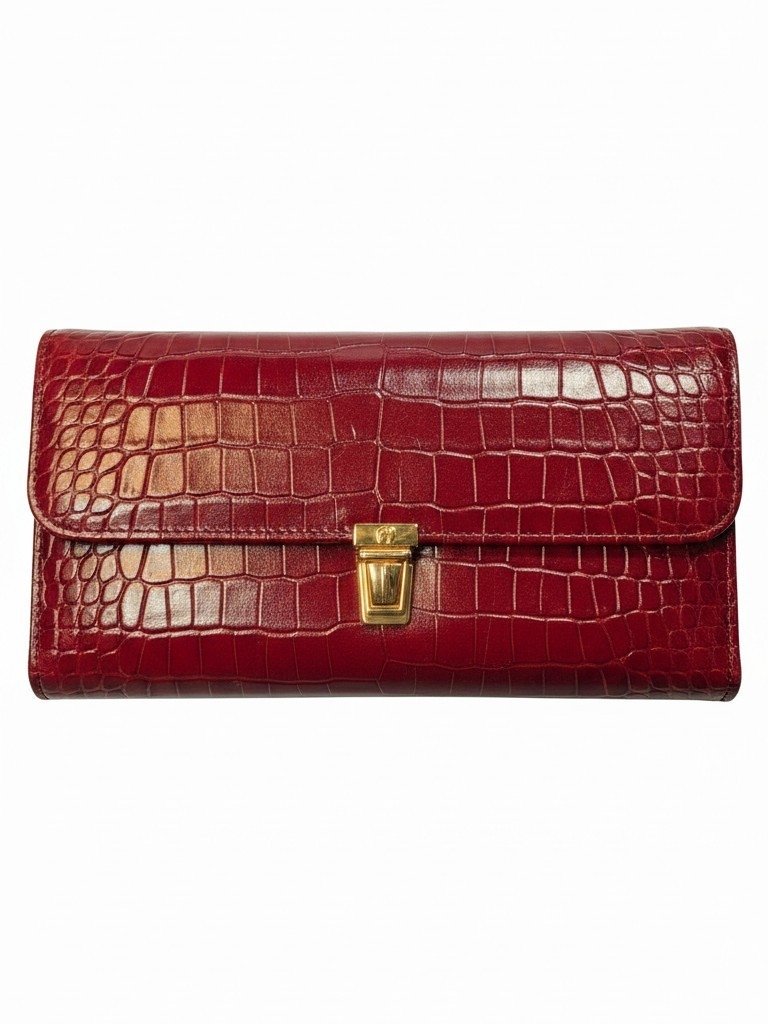 Etienne Aigner Red Croc Embossed Wallet Clutch Checkbook Organizer Gold Tone